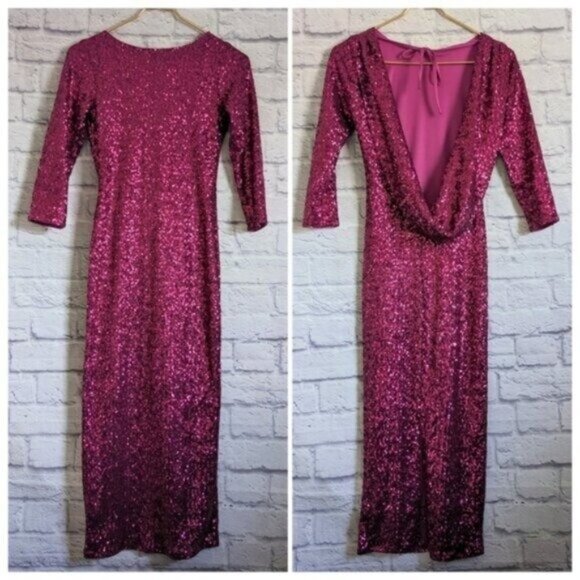 ASOS Sequin Open Back Midi Dress 4 Hot Pink Cocktail Party Glam Slit Sparkle - Picture 1 of 8